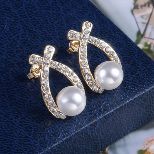 Elegant Crystal Cross Pearl Earrings