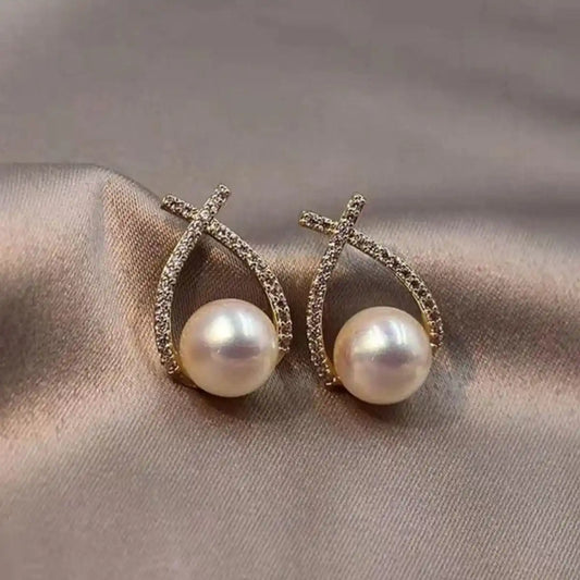 Elegant Crystal Cross Pearl Earrings