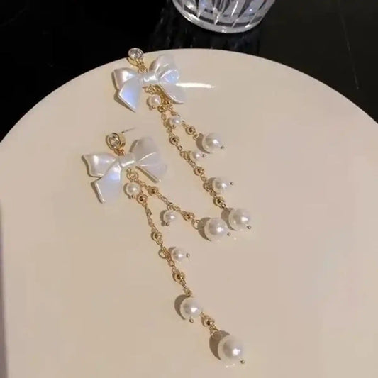 Elegant Pearl Bow Tassel Earrings